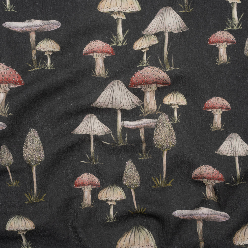 Slubbed Gauzy Cotton Woven - Charcoal, Red and Beige Mushrooms - Mood Exclusive Moonlit Mycelium Print - Joann Fabrics