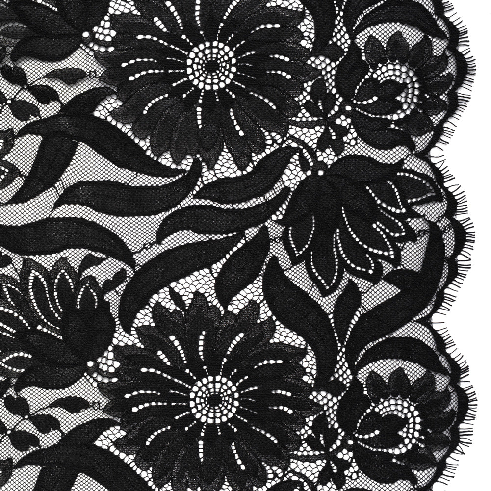 Raschel Lace Panel with Finished Edges - Black Bold Daisies and Leaves - Joann Fabrics