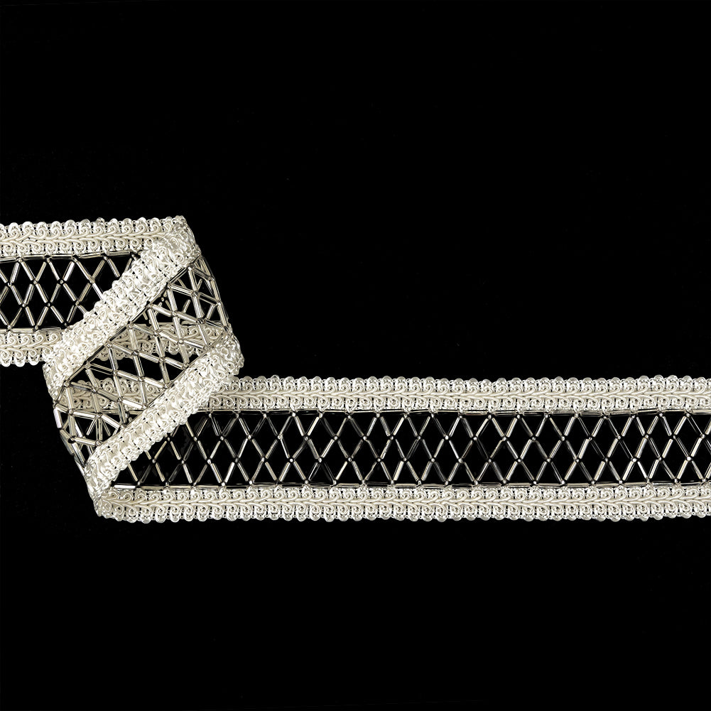 Vintage Silver and Ivory Diamond Lattice Woven Beaded Trim - 1.75