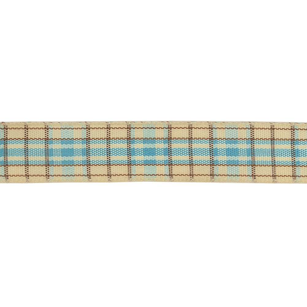 Sky Blue, Brown and Vanilla Ice Plaid Woven Ribbon - 0.625