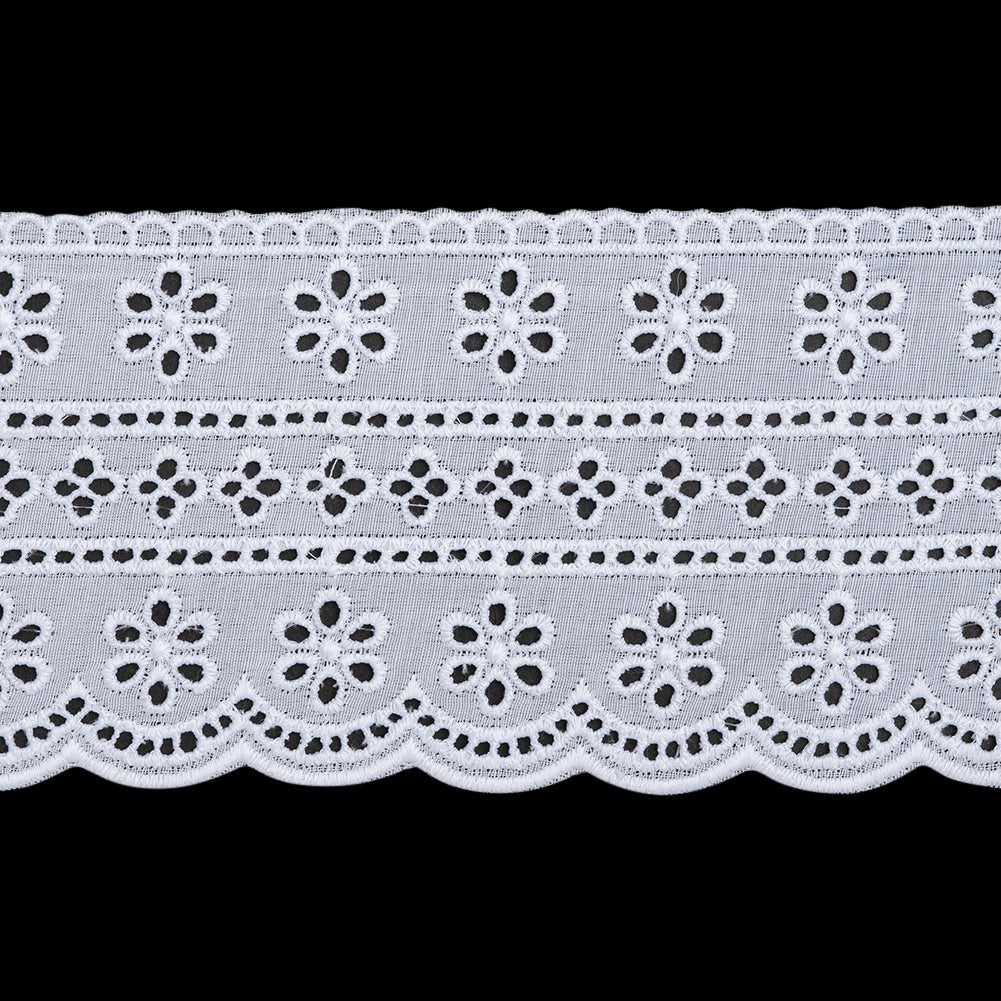 Cotton and Polyester Embroidered Eyelet Lace Trim with Scalloped Edges - 3.5