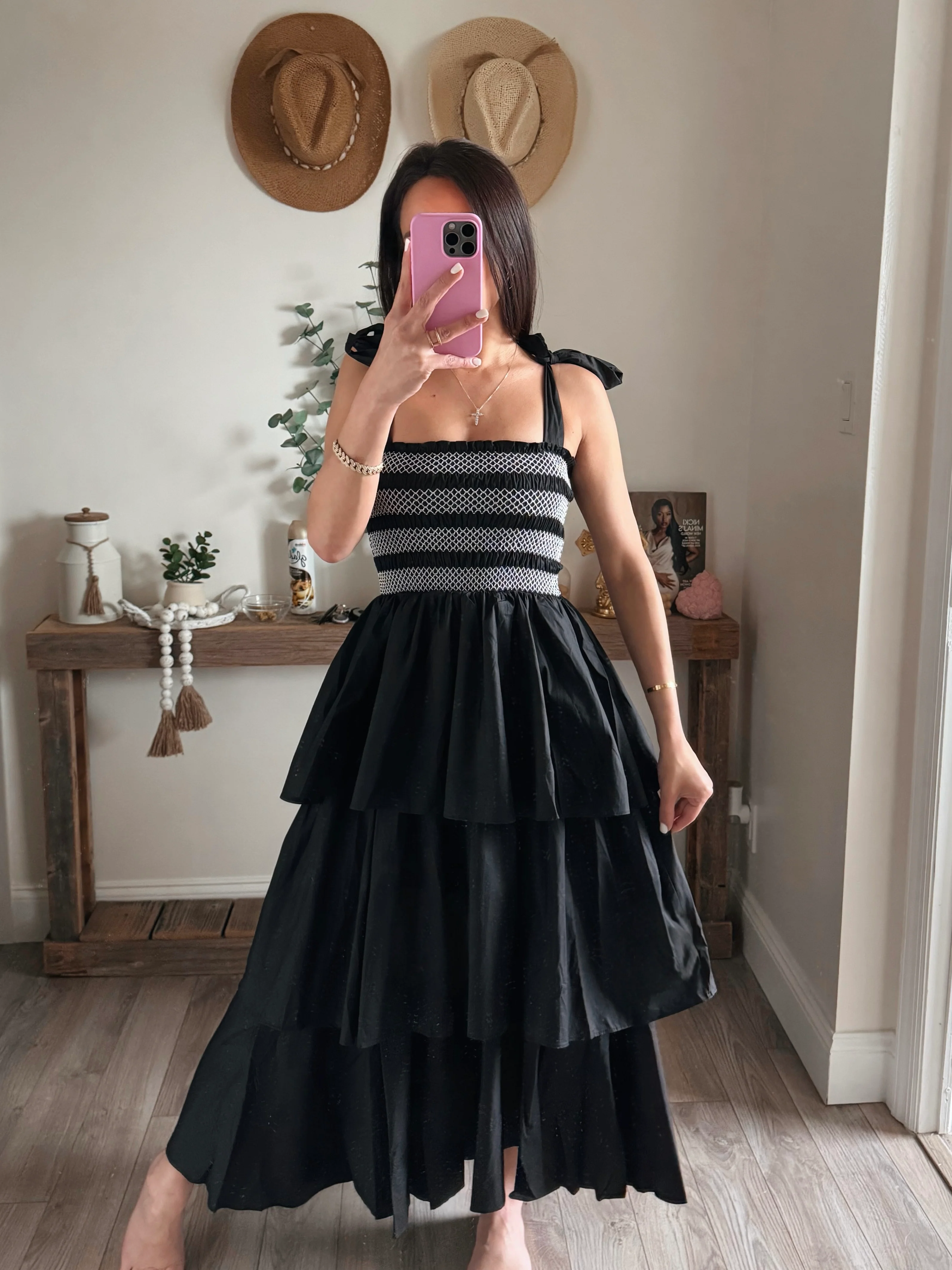 Black Smocked Tiered Maxi Dress