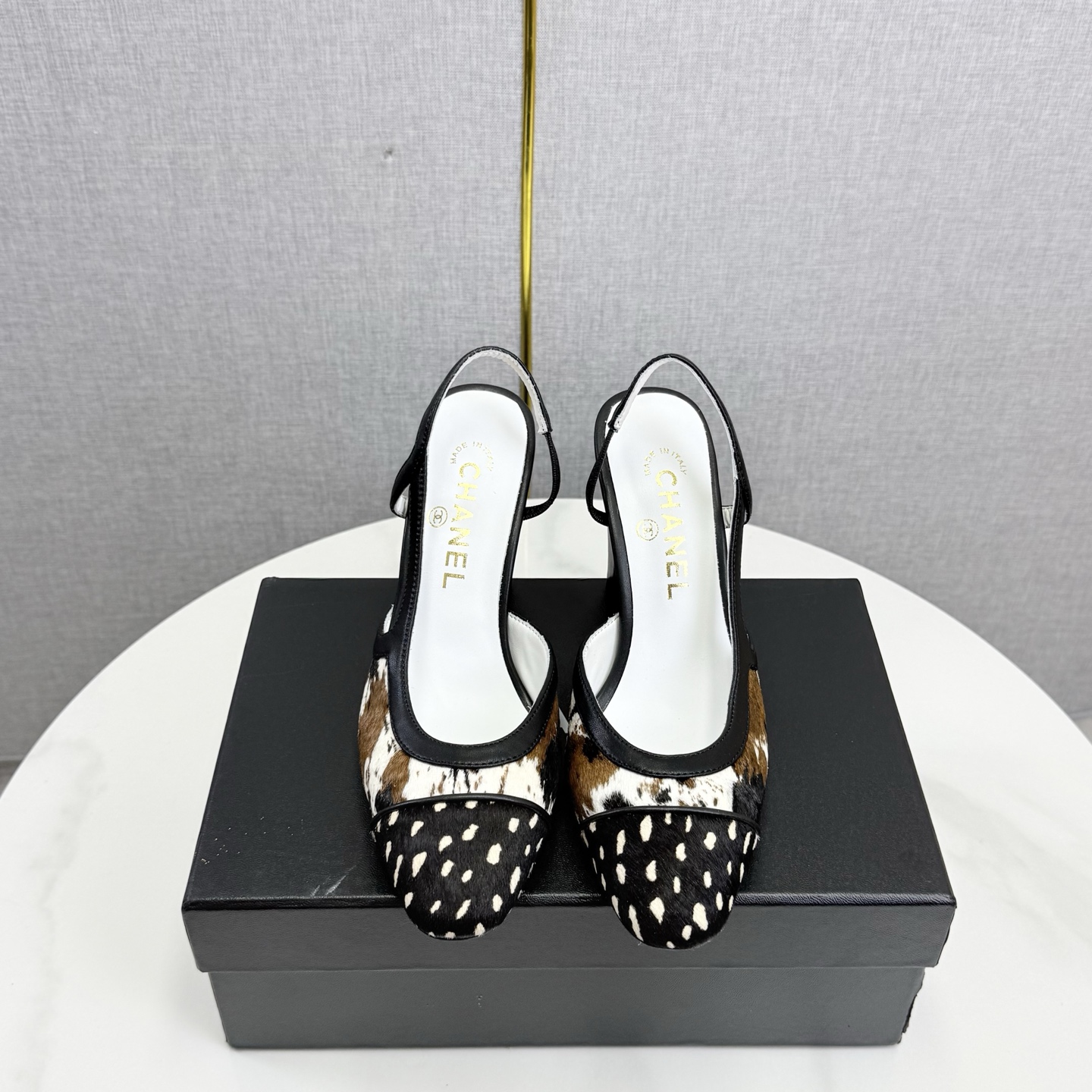 Chanel high heels, pony hair patchwork women's shoes, square toe chunky heel sandals