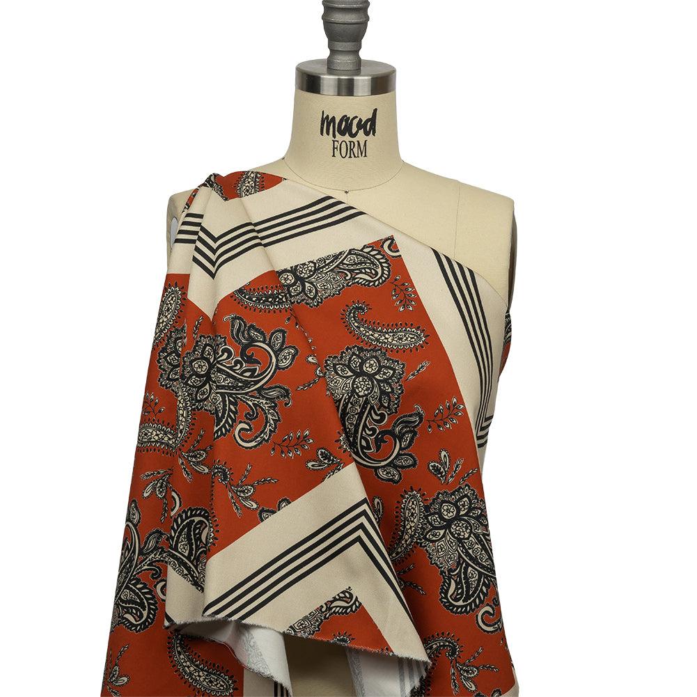 Stretch Cotton Sateen - White and Orange Paisley and Chevron - Well Travelled Trails Print - Mood Exclusive Rockland Collection - Joann Fabrics