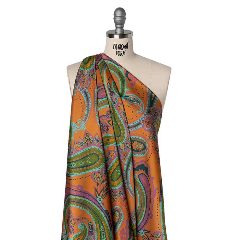 Polyester Satin - Pumpkin Orange, Jade Green and Purple Paisley - Mood Exclusive Swirling Sonata Print - Joann Fabrics
