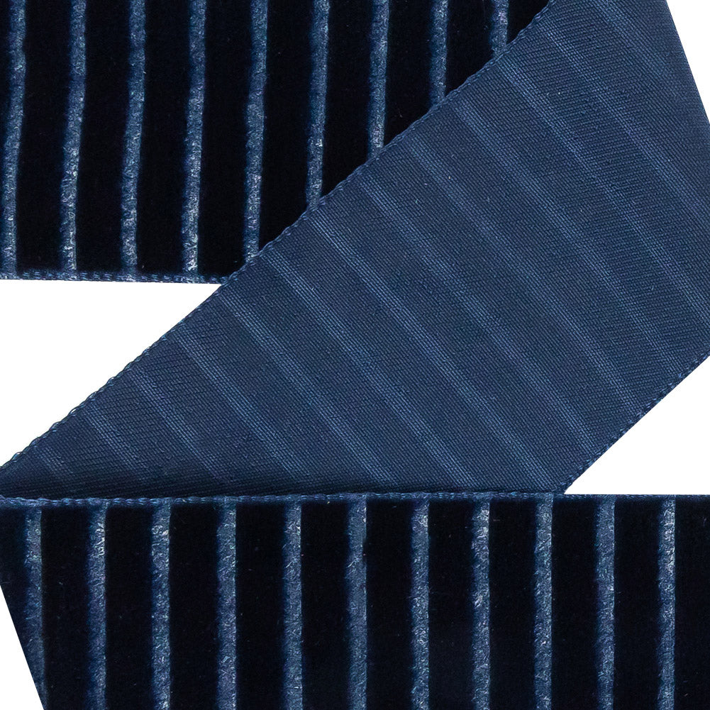 Italian Navy Vertical Stripes Velvet Burnout Trim - 1.4375