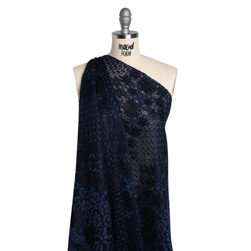 Rayon and Nylon Corded Lace with Scalloped Finished Edges - Navy Blue Flower and Dot Stripes - Joann Fabrics