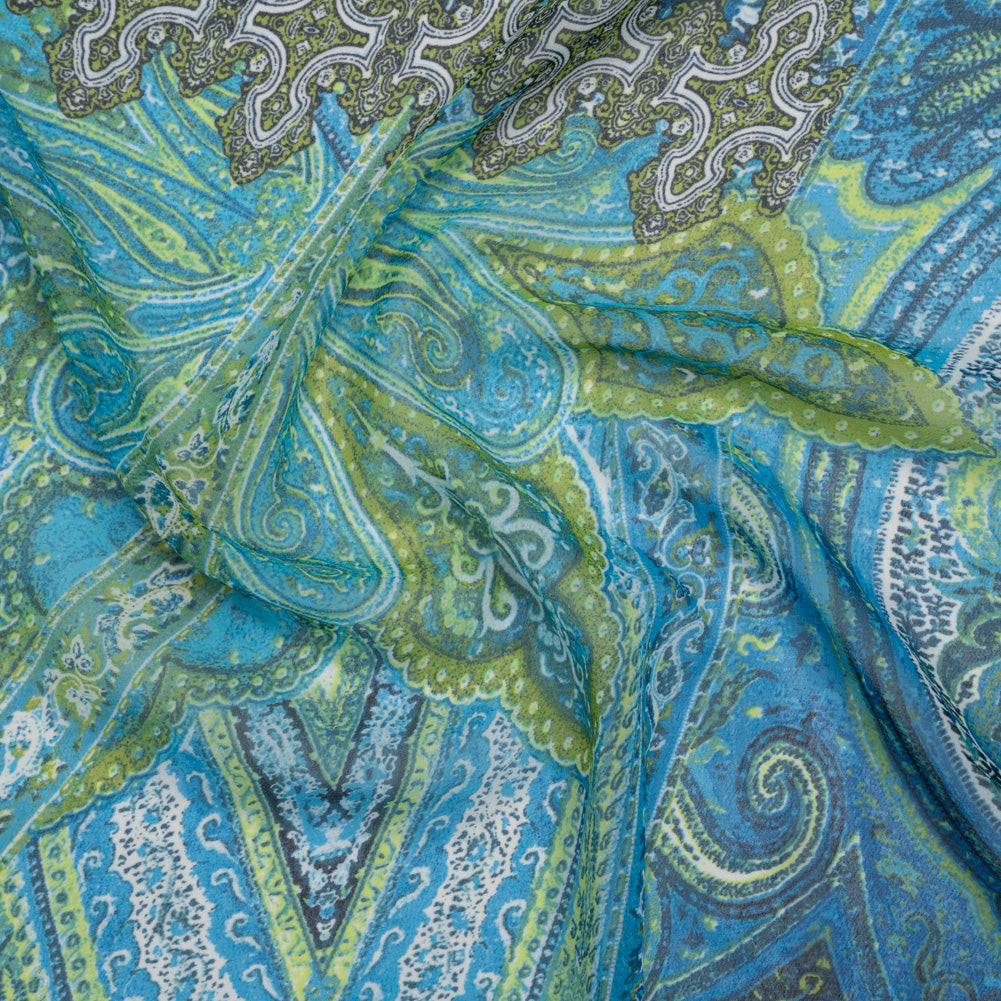 Polyester Chiffon Print - Blue and Green Paisley Patchwork - Designer Deadstock - Joann Fabrics