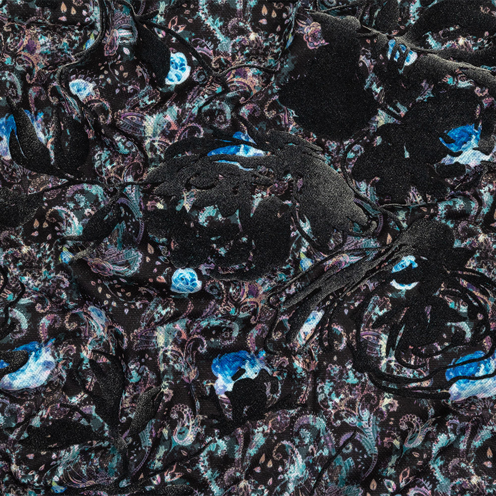 Blue Graphite Flocked Flower Vines on Gray, Blue and Pink Jacobean Cotton and Polyester Knit Pique - Joann Fabrics