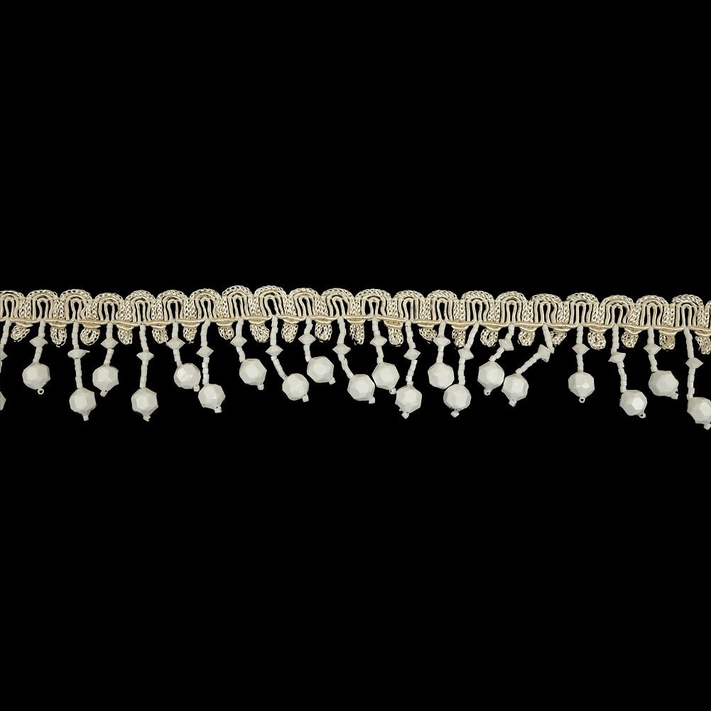 Vintage Chalk White Faceted and Seed Beaded Fringe on Ivory Braid - 1.5