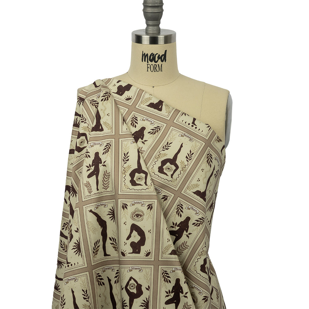 Stretch Cotton Sateen - Beige and Brown Yoga Cards - Finding Balance Print - Mood Exclusive Rockland Collection - Joann Fabrics
