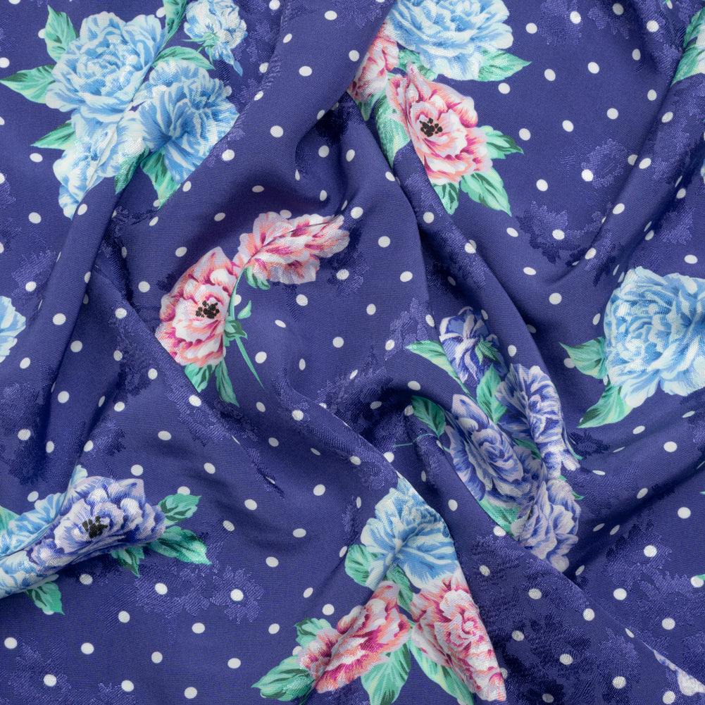 Floral Viscose Jacquard Print - Indigo, Blue and Pink Floral and Polka Dots - Mood Exclusive Rose Bush Banter - Joann Fabrics