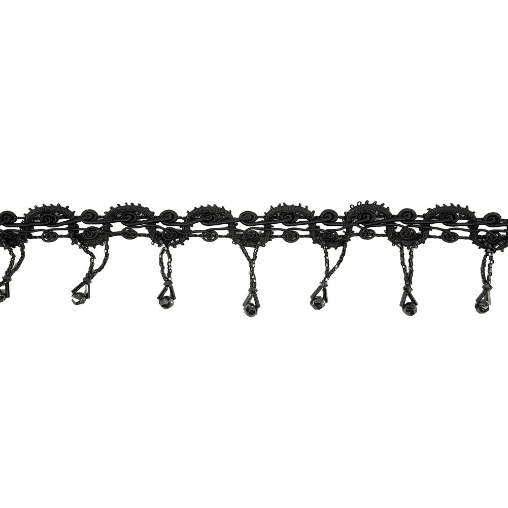 Vintage Black Beaded Fringe on Black Decorative Braid-1.875