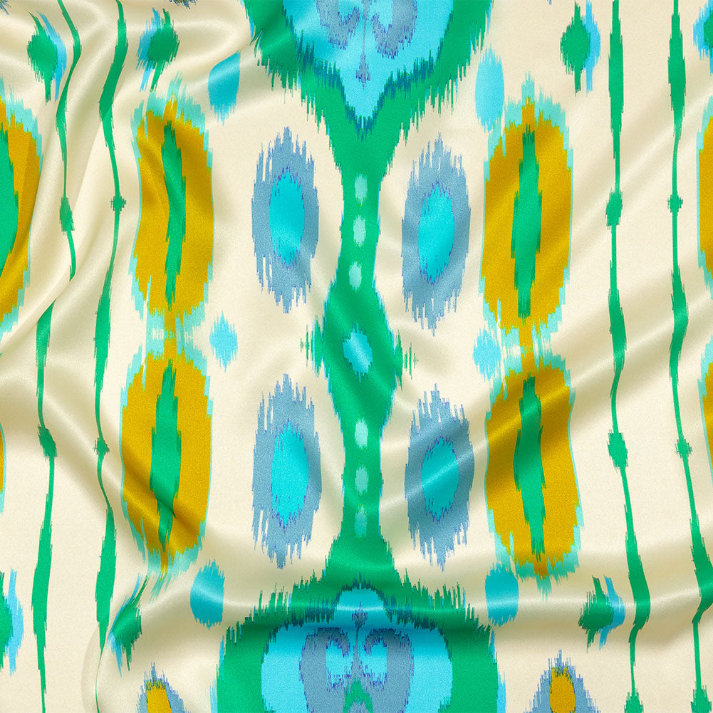 Italian Turquoise, Kelly Green and Mustard Ikat Diamonds Silk Charmeuse - Joann Fabrics
