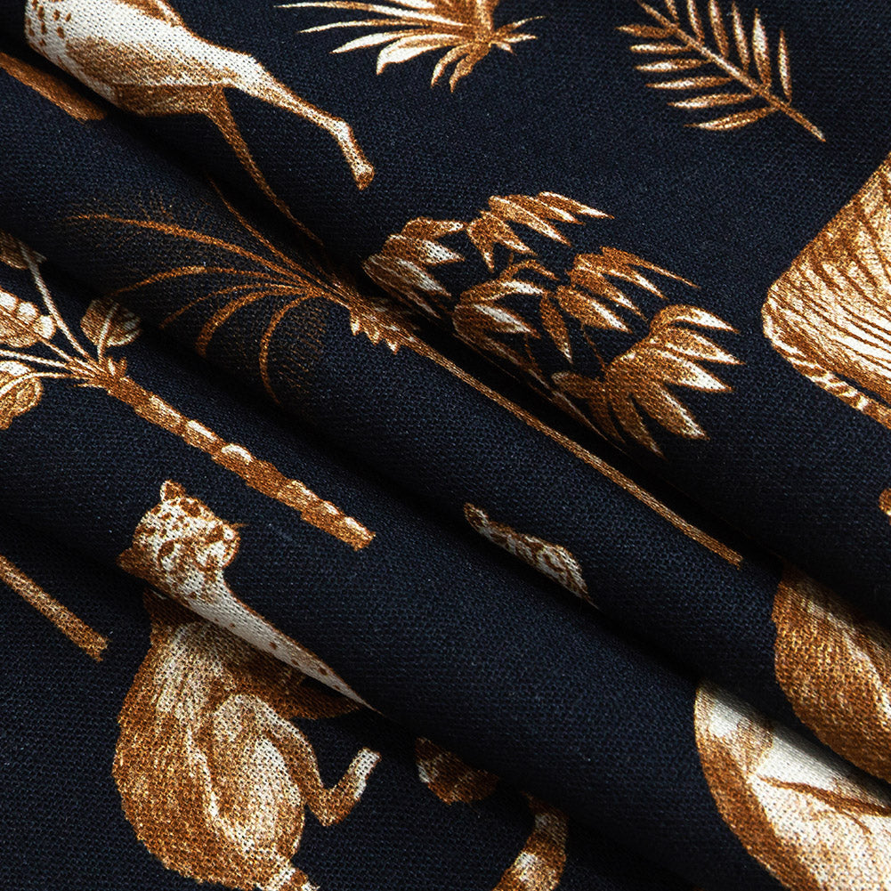 Linen and Rayon Woven - Navy and Yellow Animals and Palms - Hegemonic Hierarchy Print - Mood Exclusive Tumunyana Collection - Joann Fabrics