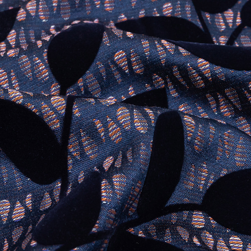Navy Flocked Leafy Vines on Lilac, Orange and Blue Striped Teardrops Cotton and Polyester Jacquard - Joann Fabrics
