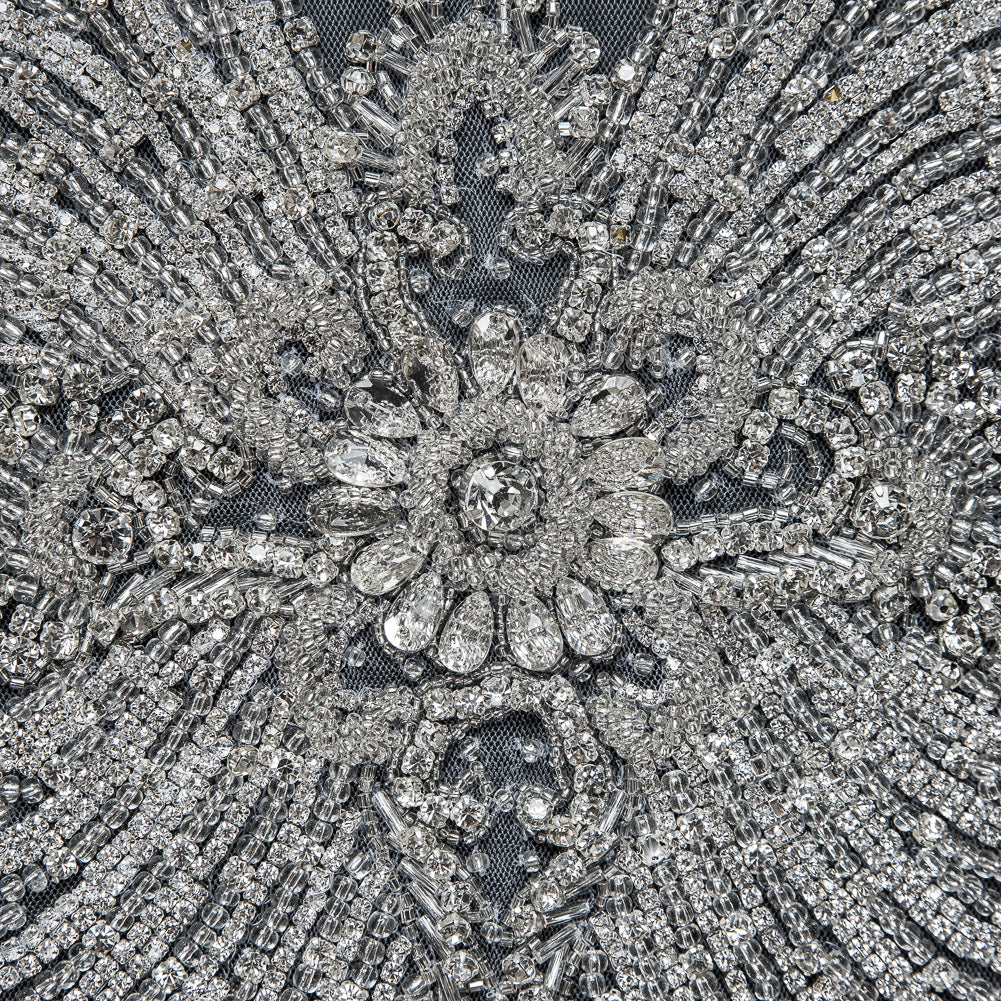 Fancy Silver Beaded Rhinestone Panel on a White Mesh - 37.5