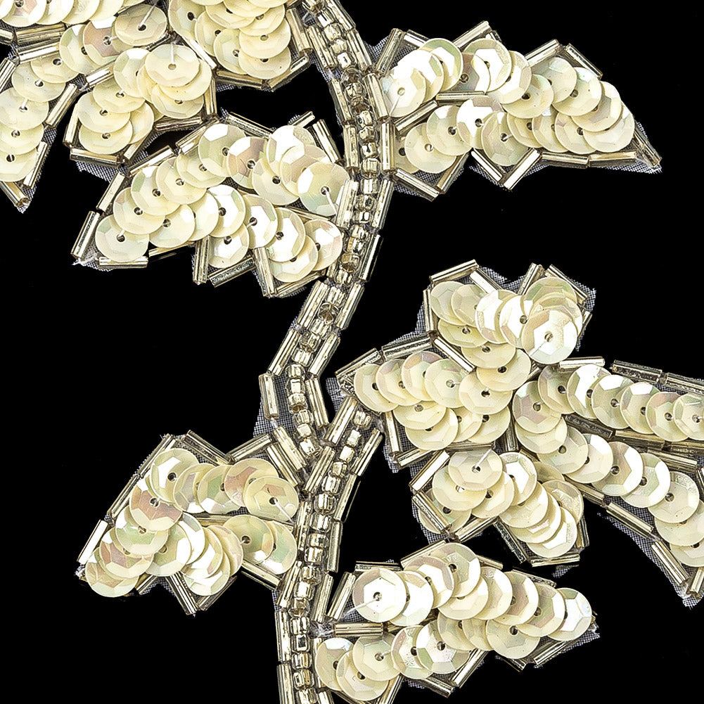 Vintage Ivory Iris Sequins and Silver Bugle Beaded Floral Applique - 4.75