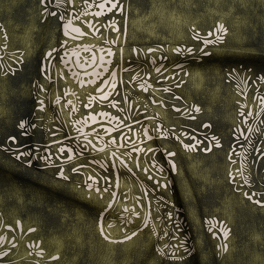 Linen and Rayon Woven - Forest Green and White Paisley and Frames - Mood Exclusive Arabesque Allure Print - Joann Fabrics