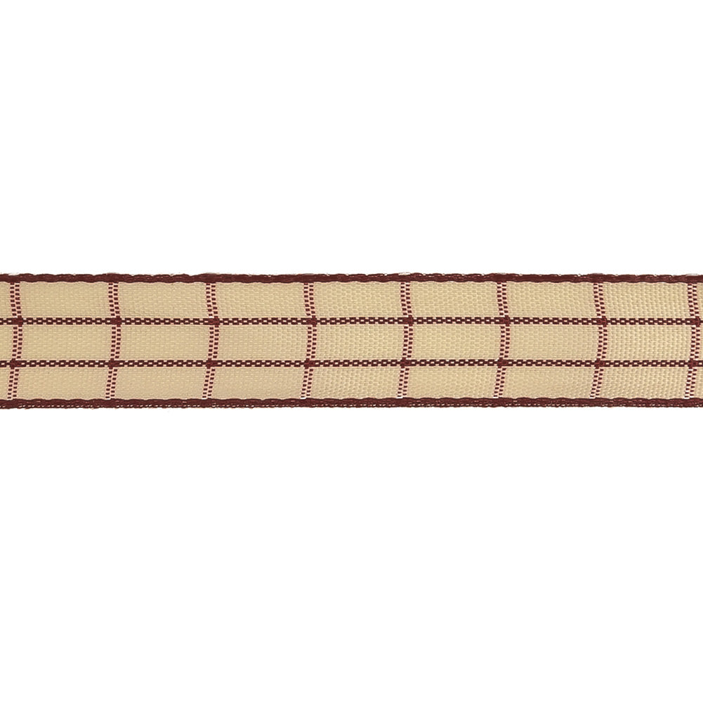 Burgundy and Ethereal Green Windowpane Check Woven Ribbon - 0.625