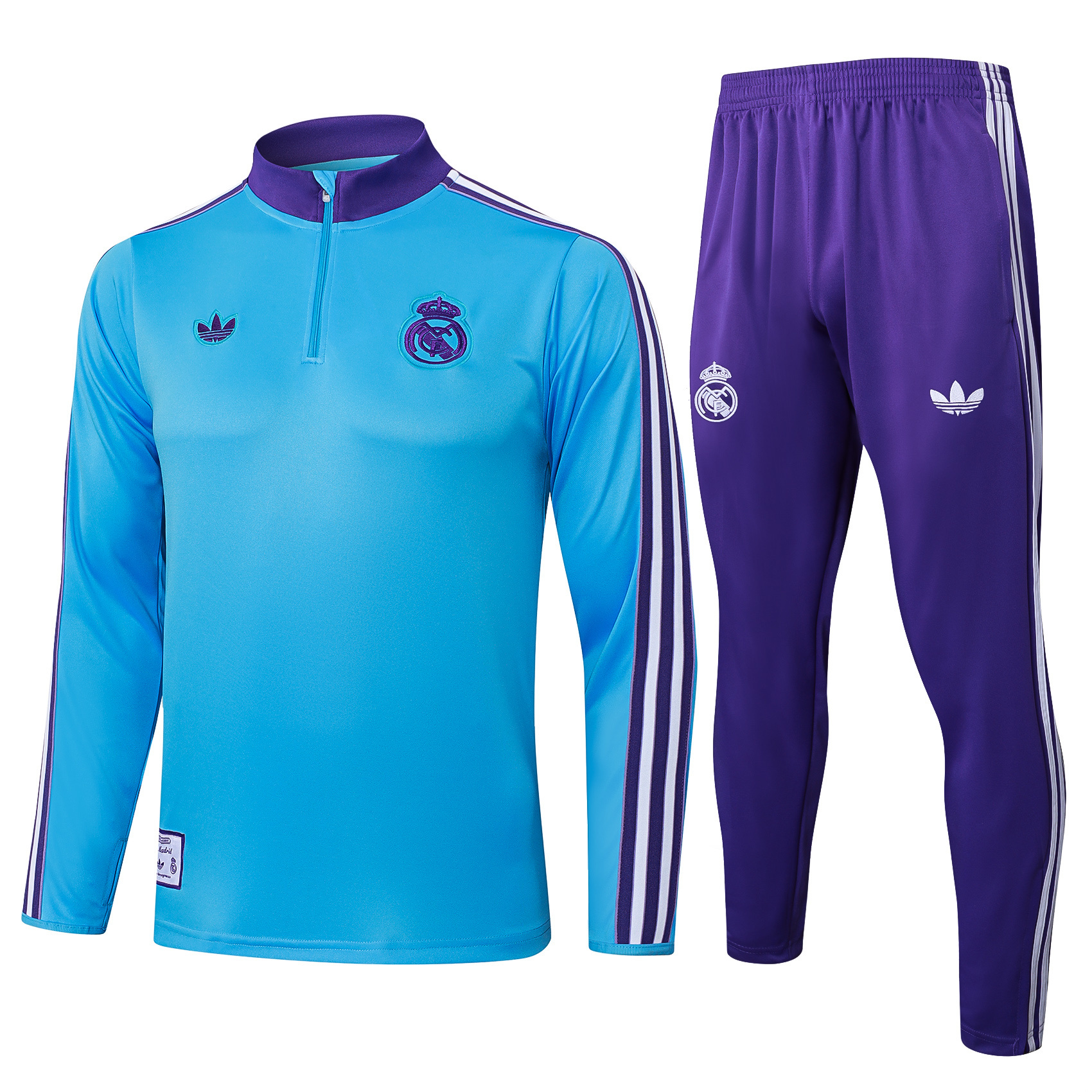 2025/2026 Real Madrid Light blue retro version Half-Pull Training Suit Football Shirt 1:1 Thai Quality Set