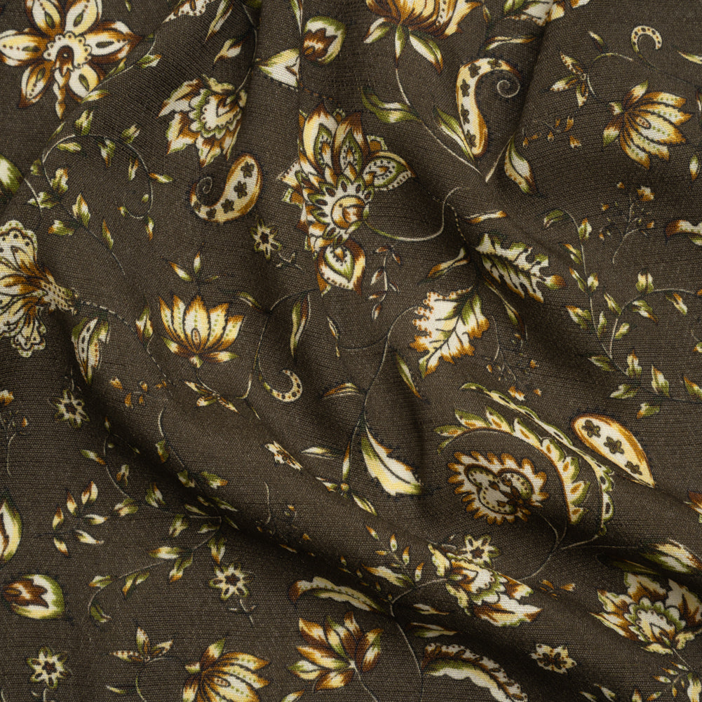 Gauzy Viscose Crepe Print - Charcoal, Green and Brown Jacobean Floral - Mood Exclusive Wooded Wonders - Joann Fabrics