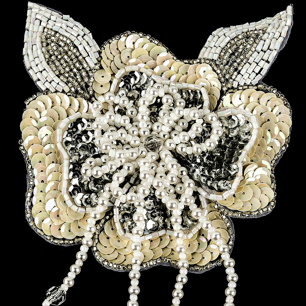 Vintage Golden Iris and Pearl, Silver Sequins and Beaded 3D Floral Applique with Crystal Bead Center - 6.625