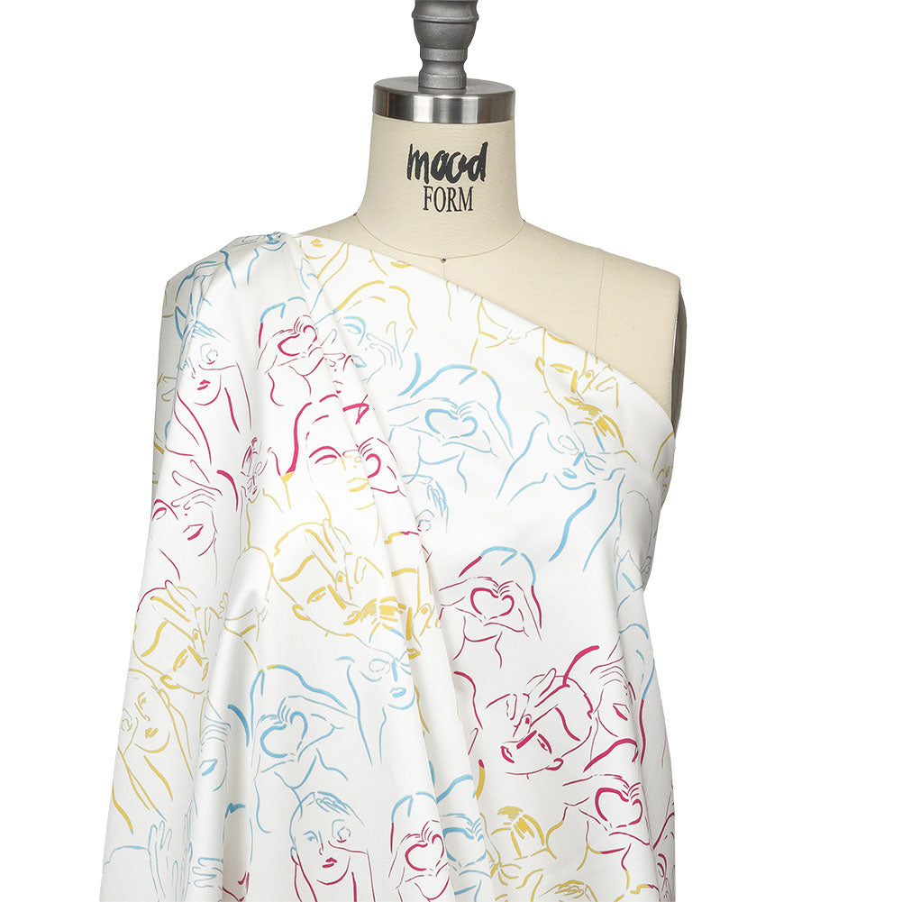 Stretch Cotton Sateen - Blue, Yellow and Pink Faces and Hands - Language of Love Print - Mood Exclusive Pride Collection - Joann Fabrics