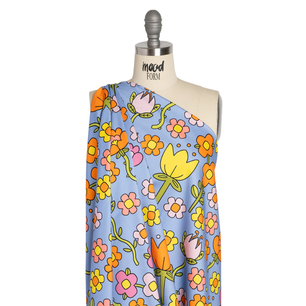 Stretch Cotton Sateen - Blue, Yellow and Purple Simple Floral - Mood Exclusive Atari Acres Print - Joann Fabrics