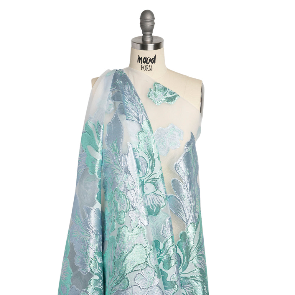 Metallic Turquoise, Baby Blue and White Floral Luxury Burnout Brocade Panel - Joann Fabrics