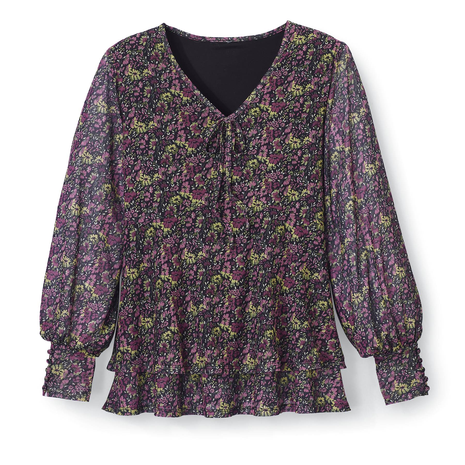 Beautiful Blossom Mesh Knit Top, Ultrasoft, Tie V-Neck, Tiered Hem - Northstyle Catalog