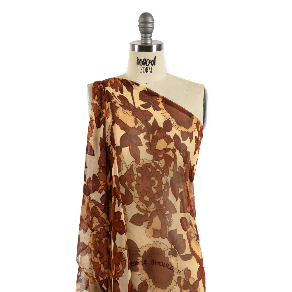 Brown and Tan Painted Flowers Silk Chiffon - Joann Fabrics