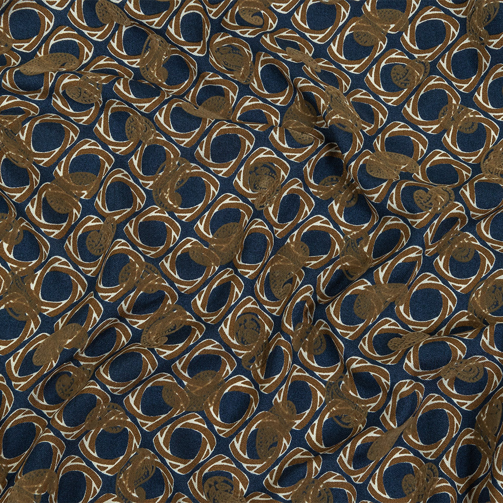 Beige and Navy Flocked Paisley on Twisted Squares Printed Viscose Woven - Joann Fabrics