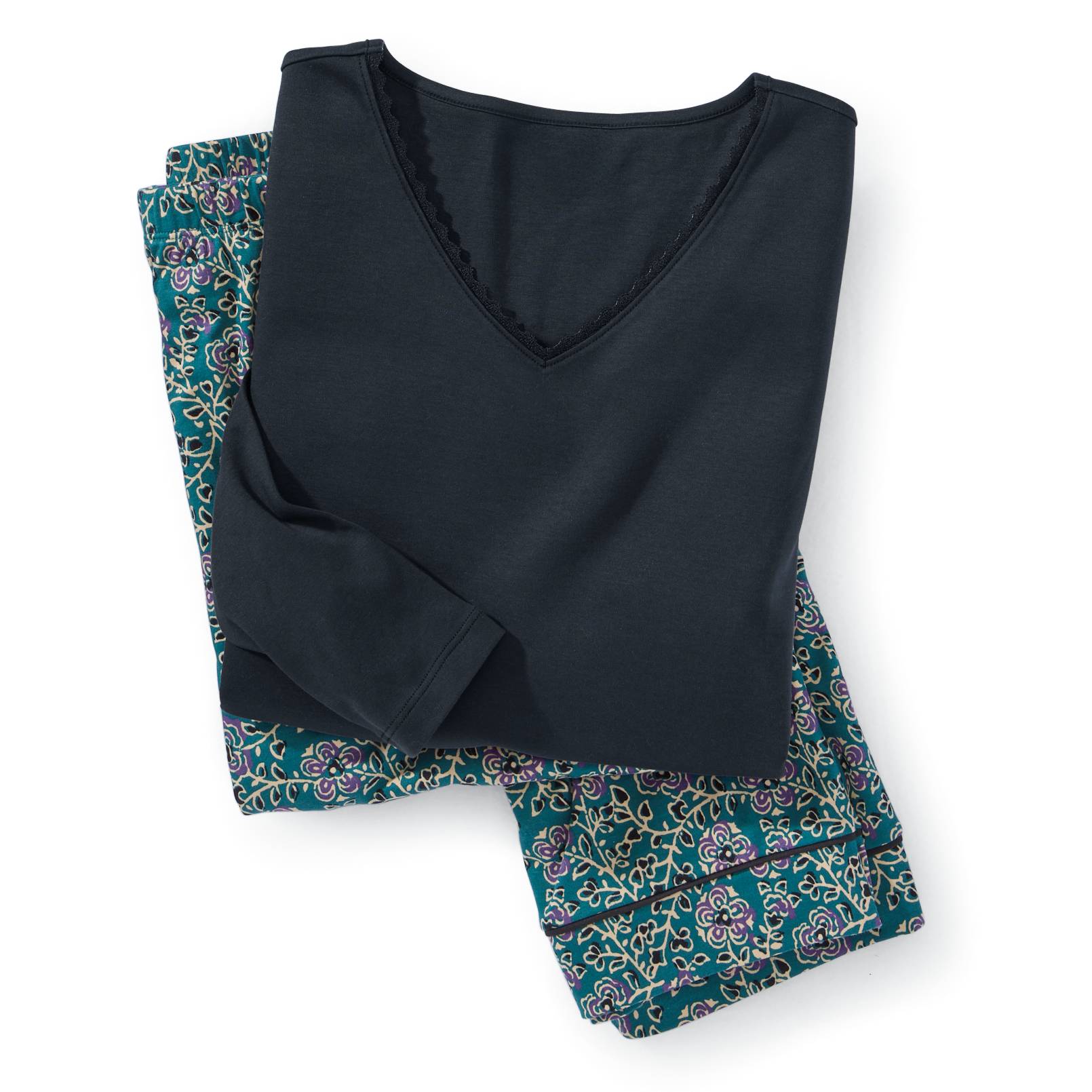 Peruvian Cotton Knit Floral Block Print Pajama Set, Piping, Lace - Northstyle Catalog