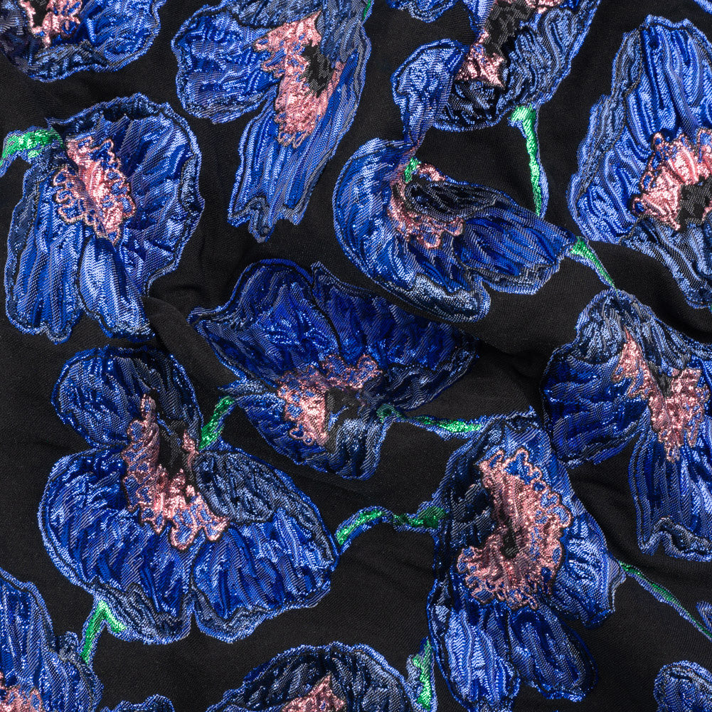 Carolina Herrera Metallic Blue, Green and Black Poppies Polyester and Nylon Brocade - Joann Fabrics