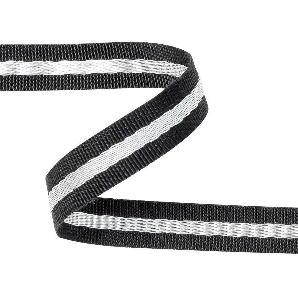 Italian Black and Silver Striped Cotton Blend Grosgrain Ribbon - 0.4375