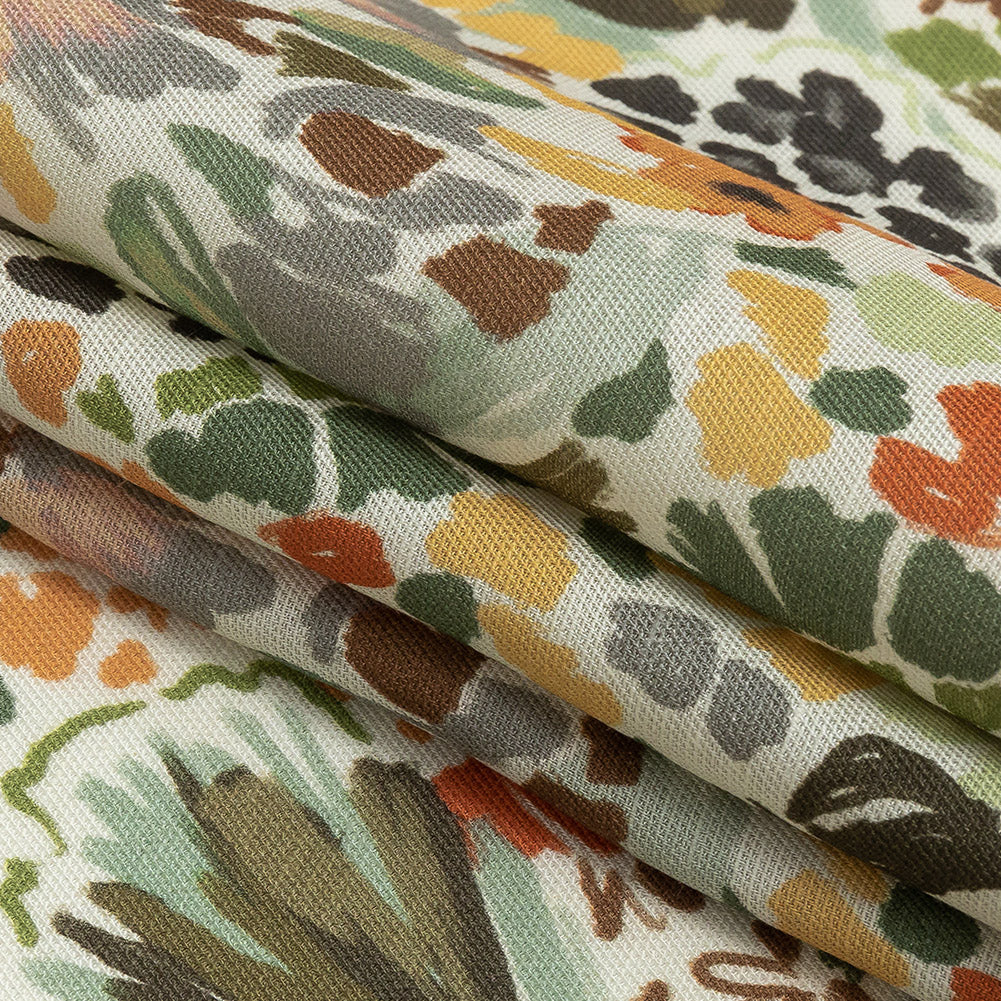 Viscose and Linen Twill Print - Orange and Olive Green Painterly Floral - Mood Exclusive Morisot - Joann Fabrics