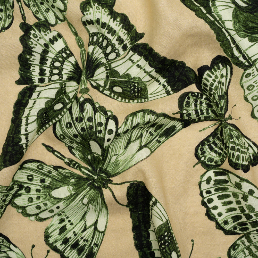 Linen and Rayon Woven - Green and Cream Butterflies - Monarch Mountain Print - Mood Exclusive Acadia Collection - Joann Fabrics