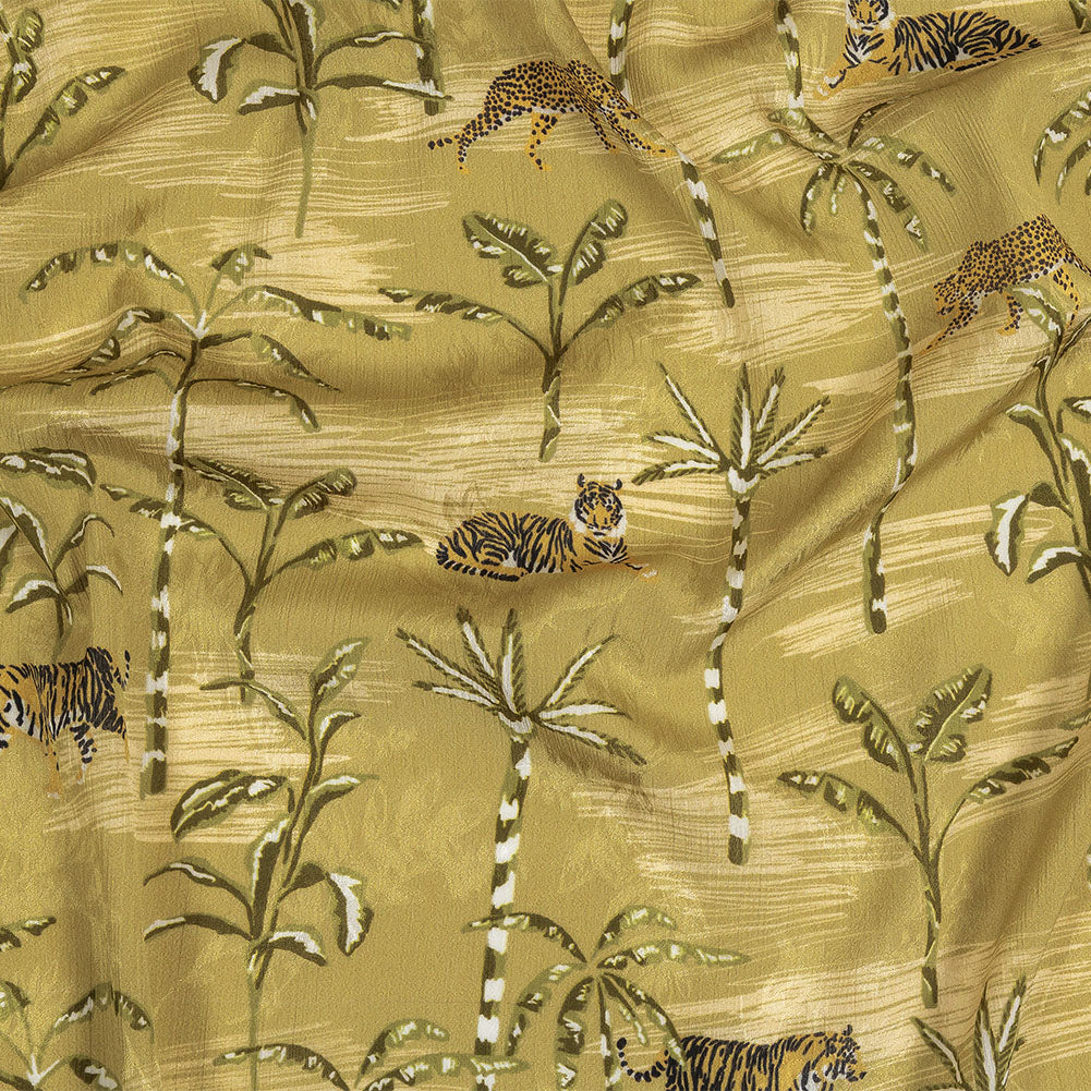 Crinkled Leafy Polyester Jacquard Print - Green Savannah Cats - Mood Exclusive Cerrado - Joann Fabrics