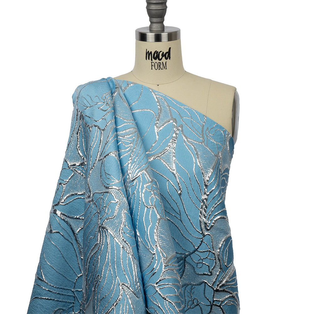 Metallic Silver and Baby Blue Outlined Florals Luxury Brocade - Joann Fabrics
