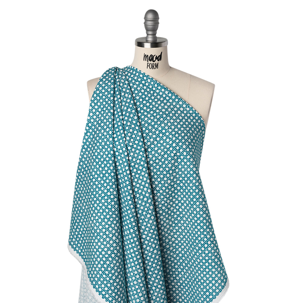 Textured Stretch Cotton Basketweave Panel by Trina Turk - Green Blue and White Circle Grid and Printed Fringe Border - Designer Deadstock - Joann Fabrics
