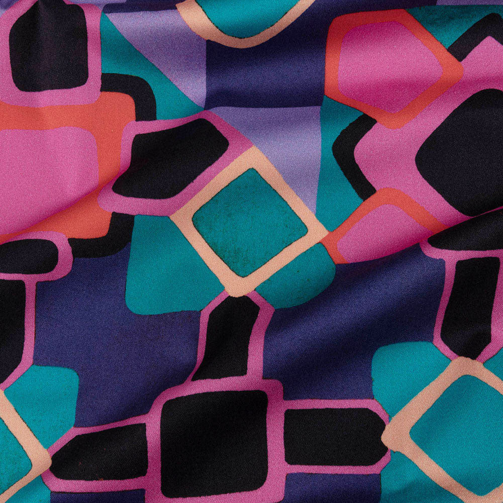 Stretch Cotton Sateen - Teal and Pink Geometric Tiles - Jukebox Jivin' Print - Mood Exclusive Yesterday Collection - Joann Fabrics