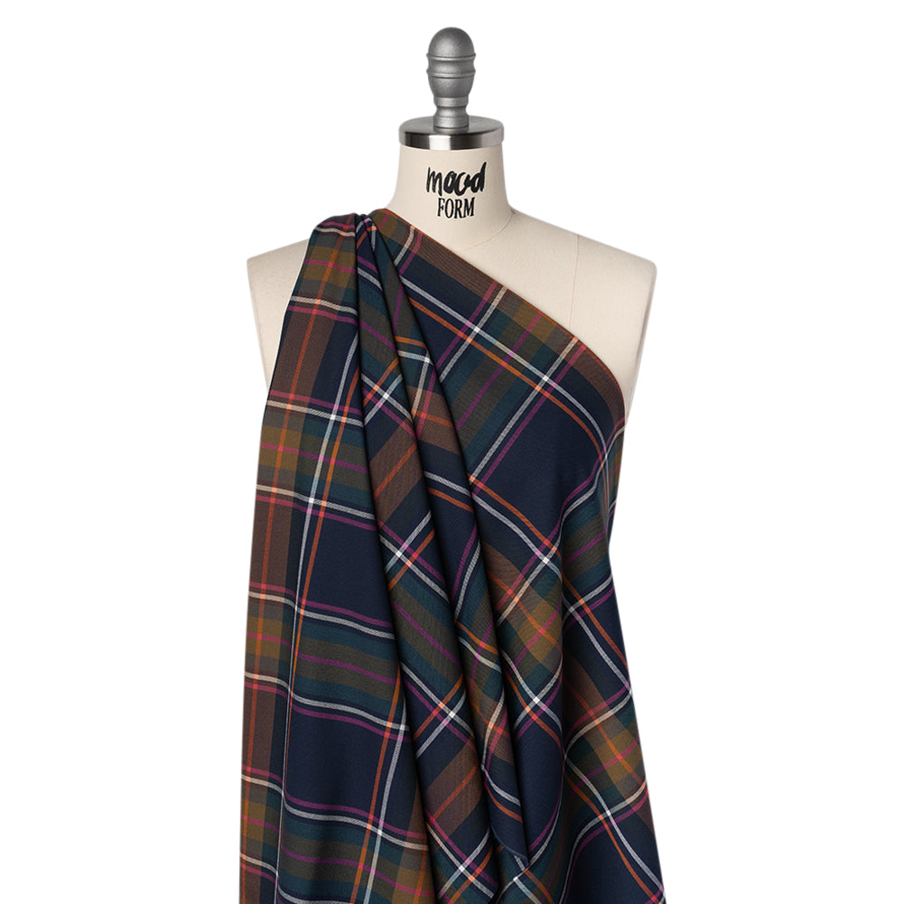 Stretch Polyester and Viscose Twill by Trina Turk - Navy, Olive and Pink Plaid - Designer Deadstock - Joann Fabrics