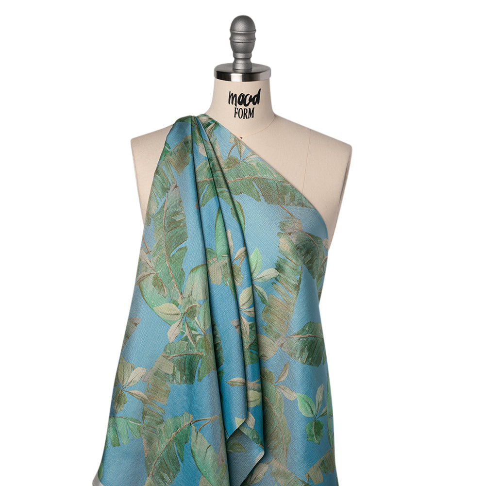Textured Silk Woven Print Made in Italy - Sky Blue, Green and Beige Palm Leaves - Deadstock - Joann Fabrics