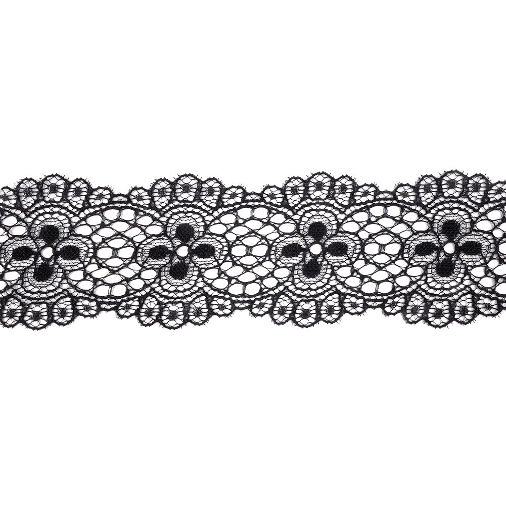 Black Flowers and Medallions Scalloped Lace Trim - 2.5