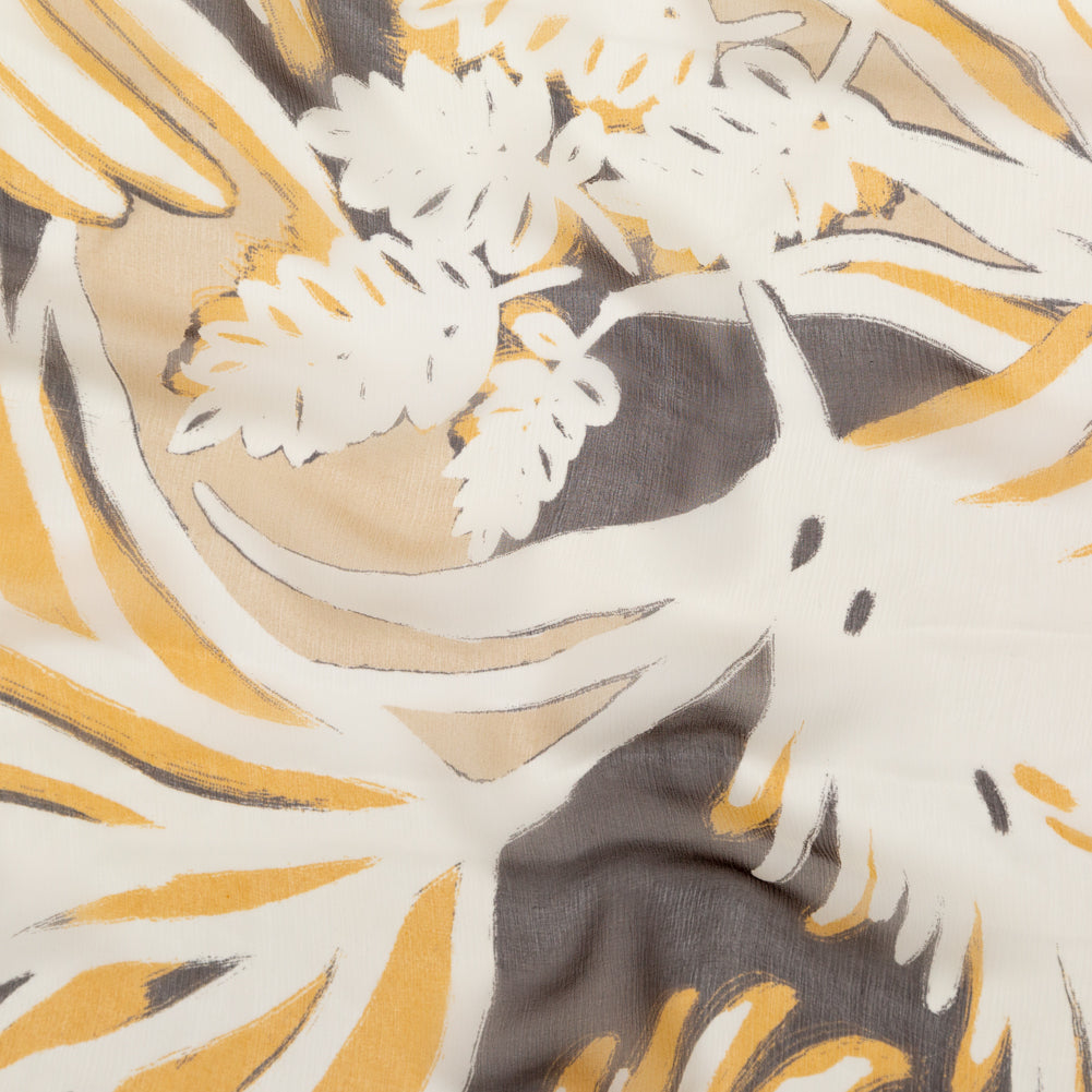 Karen Kane Honey Mustard and Wren Painterly Floral Crinkled Silk Chiffon - Joann Fabrics