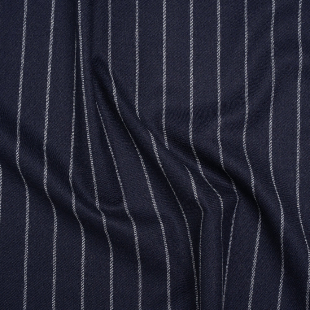 Stretch Virgin Wool Twill Suiting Made in Italy - Navy Blue and White Chalk Stripes - Joann Fabrics