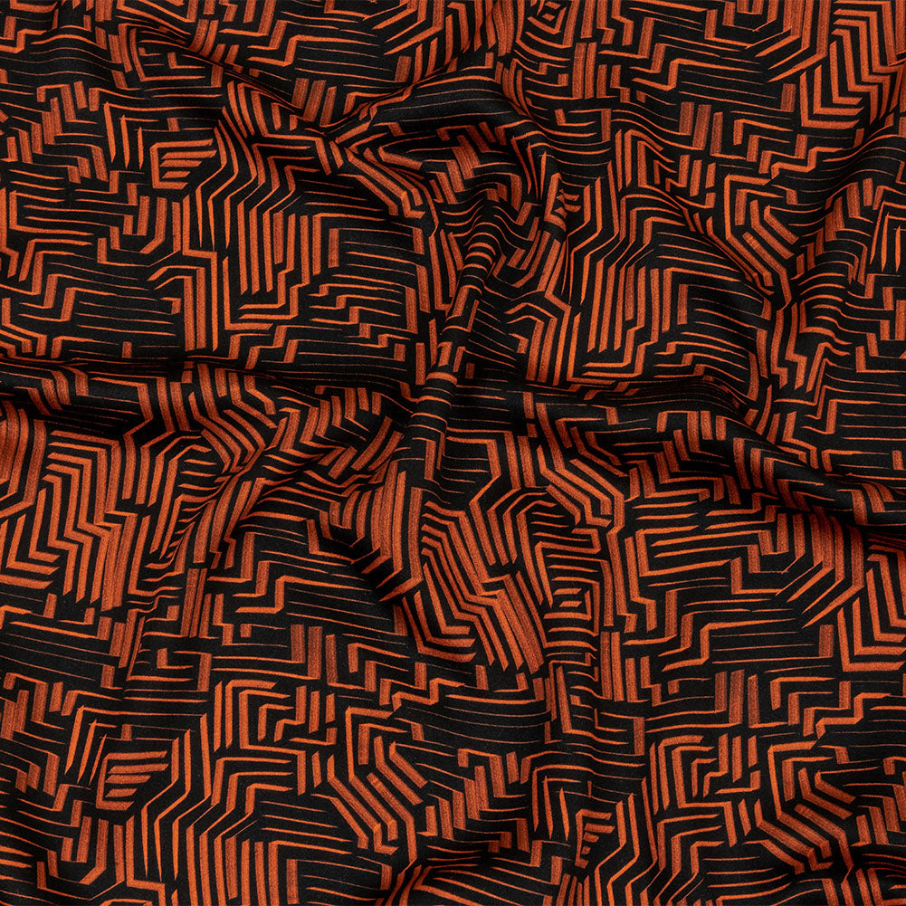 Rayon Challis - Black and Orange Geometric Lines - Ci-Trust the Process Print - Mood Exclusive Citrus Collection - Joann Fabrics