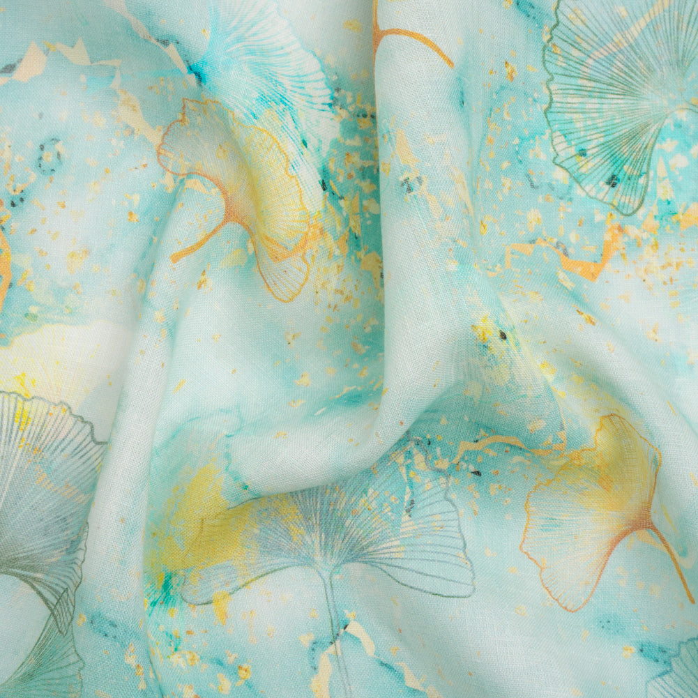Dark Aqua and Sunshine Floating Ginkgo Leaves Medium Weight Linen Woven - Joann Fabrics