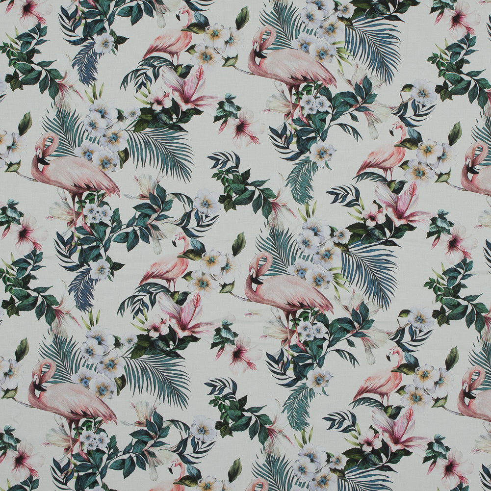 Stretch Cotton Sateen - White Flamingos and Leaves - Balance of Unity Print - Mood Exclusive Key Largo Collection - Joann Fabrics